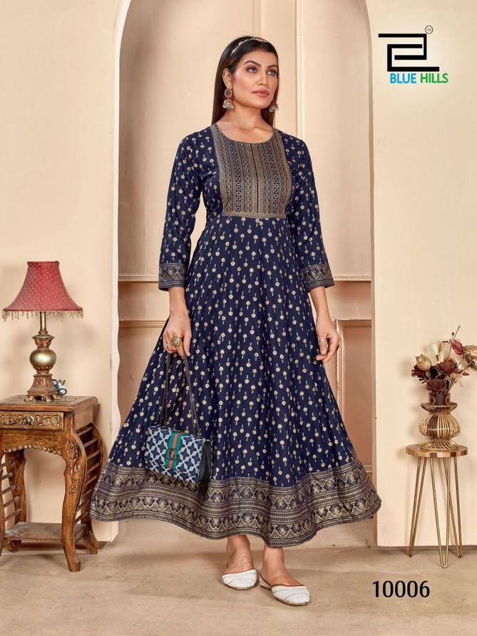 Womania Vol 10 By Blue Hills Rayon Foil Printed Anarkali Kurtis Wholesale Online